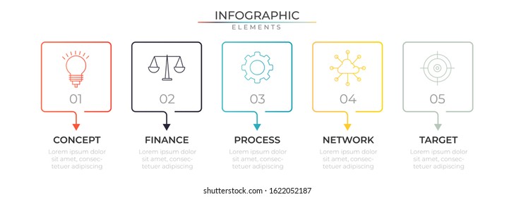 Square infographic template with icons and five steps or options. Vector for company or corporate business project and presentation.