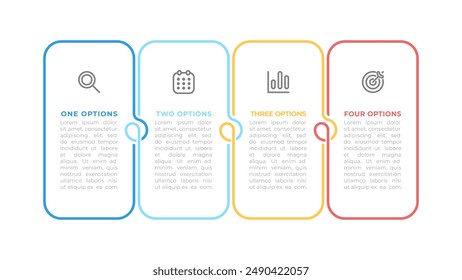 Square infographic thin line element design with marketing icons. Timeline process with 4 steps and options. Vector illustration. Ideal for business presentations, workflow diagrams.