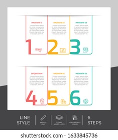 Square infographic vector design with 6 steps & colorful style for presentation purpose.Line option infographic can be used for business and marketing