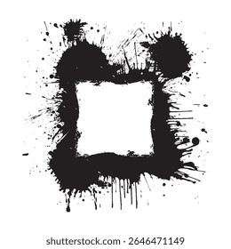 Square ink splatter frame with messy grunge texture and dripping paint design isolated on white background for edgy banner, poster, art template, graphic element or urban visual decoration