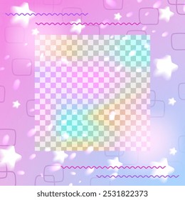 Square Insta post template. Purple gradient with a soft stars and rainbow png Background. Stock vector illustration in cartoon style.