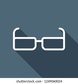 Square intelligent glasses. Linear outline icon. White flat icon with long shadow on blue background
