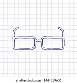 Square intelligent glasses. Linear outline icon. Hand drawn picture on paper sheet. Blue ink, outline sketch style. Doodle on checkered background