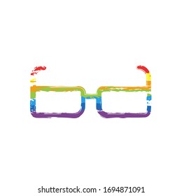 Square intelligent glasses. Linear outline icon. Drawing sign with LGBT style, seven colors of rainbow (red, orange, yellow, green, blue, indigo, violet