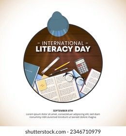 Square International Literacy Day background with open books and stationery