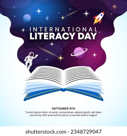 Square International Literacy Day background with open books and outer space