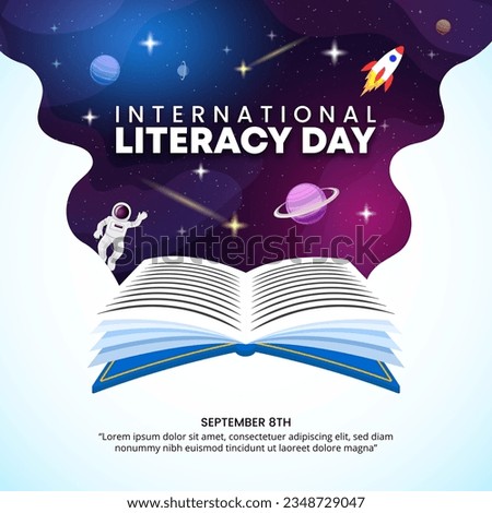 Square International Literacy Day background with open books and outer space
