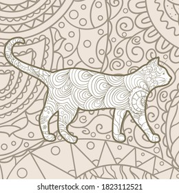 Square intricate background. Hand drawn pattern with cat. Design for spiritual relaxation for adults