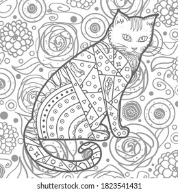 Square intricate background. Hand drawn pattern with cat. Design for spiritual relaxation for adults
