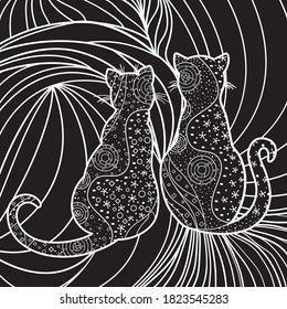 Square intricate background. Hand drawn pattern with cats. Design for spiritual relaxation for adults. Black and white illustration