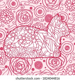 Square intricate background. Hand drawn pattern with cat. Design for spiritual relaxation for adults