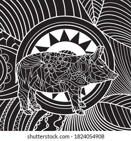 Fondo cuadrado intrincado. Patrón dibujado a mano con cerdo. Diseño para la relajación espiritual para adultos. Ilustración en blanco y negro