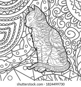 Square intricate background. Hand drawn cat. Design for spiritual relaxation for adults. Black and white illustration