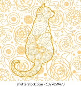 Square intricate background. Hand drawn pattern with cat. Design for spiritual relaxation for adults