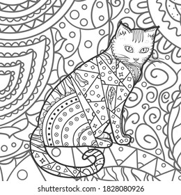Fondo cuadrado intrincado. Gato dibujado a mano. Diseño para la relajación espiritual para adultos. Ilustración en blanco y negro