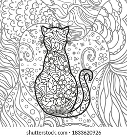 Square intricate background. Hand drawn ornate cat. Design for spiritual relaxation for adults. Black and white illustration