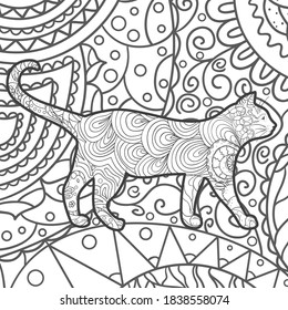 Square intricate background. Hand drawn ornate cat. Design for spiritual relaxation for adults. Black and white illustration