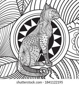 Square intricate background. Hand drawn patterned cat. Design for spiritual relaxation for adults. Black and white illustration