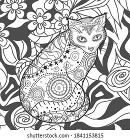 Quadratischer, komplizierter Hintergrund. Handgezeichnete Katze. Design für geistige Entspannung für Erwachsene. Schwarz-Weiß-Illustration