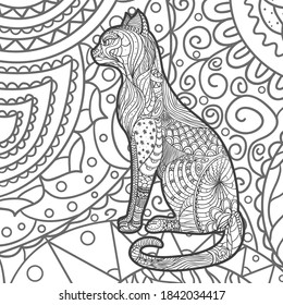 Fondo cuadrado intrincado. Gato dibujado a mano con motivos. Diseño para la relajación espiritual para adultos. Ilustración en blanco y negro