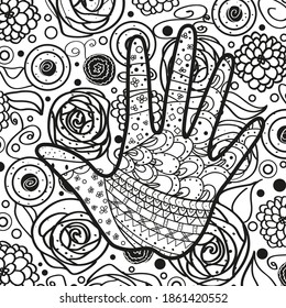 Square intricate background. Hand drawn line pattern. Human hand. Black and white illustration