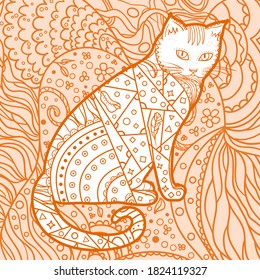 Square intricate pattern. Abstract background. Hand drawn cat. Doodle for work
