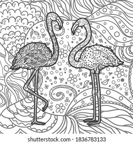 Square intricate pattern with flamingos. Hand drawn background design for adult spiritual relaxation. Black and white illustration