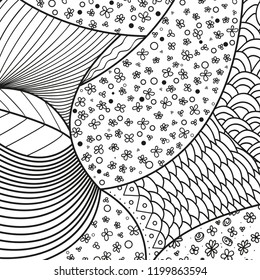 Square intricate pattern. Hand drawn mandala on isolated background. Design for spiritual relaxation for adults. Doodle for work. Black and white illustration for coloring