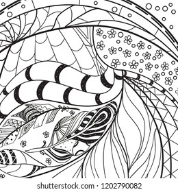 Square intricate pattern. Hand drawn mandala on isolated background. Design for spiritual relaxation for adults. Doodle for work. Black and white illustration for coloring