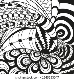 Square intricate pattern. Hand drawn mandala on isolated background. Design for spiritual relaxation for adults. Doodle for work. Black and white illustration for coloring