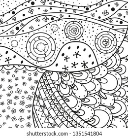 Square intricate pattern. Hand drawn mandala on isolated background. Design for spiritual relaxation for adults. Doodle for work. Black and white illustration for coloring