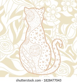 Quadratisches kompliziertes Muster. Handgezeichnete Mandala mit orangefarbener Katze. Design für geistige Entspannung für Erwachsene