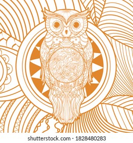 Square intricate pattern. Hand drawn ornate owl. Design for spiritual relaxation for adults