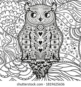 Square intricate pattern with owl. Design Zentangle. Hand drawn mandala with abstract patterns on isolation background. Design for spiritual relaxation for adults