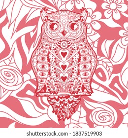 Square intricate pattern with zen owl. Hand drawn background. Design for spiritual relaxation for adults