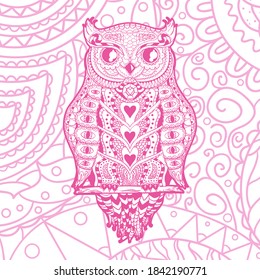 Square intricate pattern with zen owl. Hand drawn background. Design for spiritual relaxation for adults