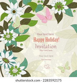 A square invitation card with a corner border of floral pattern. Flowers with green and white petals against a grungy, shabby beige background.