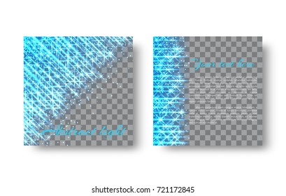 Square invitation card design with bright neon rays on a transparent background