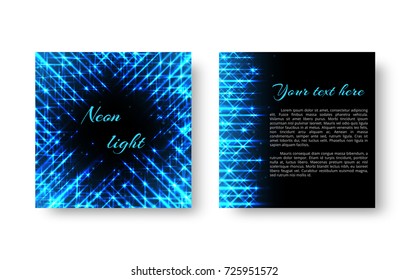 Square invitation card design with bright neon lights on a black background