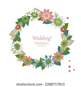 A square invitation card with an isolated wreath of colorful flowers and shining leaves against a white background.