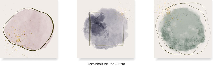 Square Invitation Card Templates With Abstract Watercolor Shapes And Golden Paint Splatter, Vector Illustration