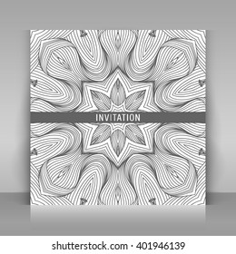 Square invitation card with thin line decoration. White square paper on gray background. Invitation, greeting card with floral design. Vector template.