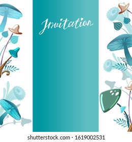 Square invitation template botanical Alice in Wonderland with mushrooms, plants in turquoise colors. Vector illustration
