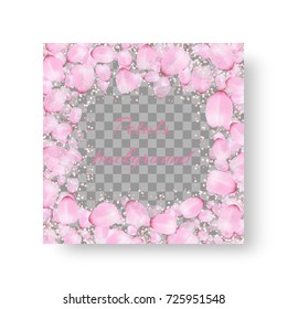 A square invitational card with delicate flying petals of Japanese cherry for a romantic design on a translucent backdrop