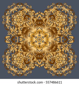 Square invite template. Decorative vintage print. Unusual greeting in oriental boho chic style. Round flower ornament. Luxury floral weave pattern. Vector invitation with golden mandala design element