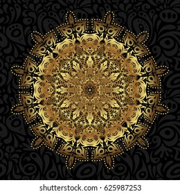 Square invite template. Luxury floral weave pattern. Unusual greeting in oriental boho chic style. Round flower ornament. Vector invitation with golden mandala design element. Decorative vintage print