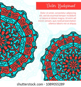 Square invite template. Vector invitation with mandala design element. Round flower ornament. Decorative vintage print. Luxury floral weave