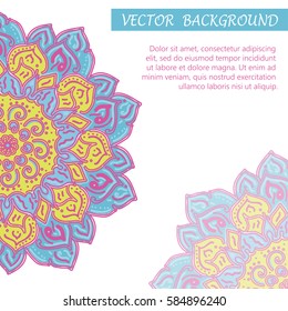 Square invite template. Vector invitation with mandala design element. Round flower ornament. Decorative vintage print. Luxury floral weave pattern.