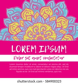 Square invite template. Vector invitation with mandala design element. Round flower ornament. Decorative vintage print. Luxury floral weave pattern.