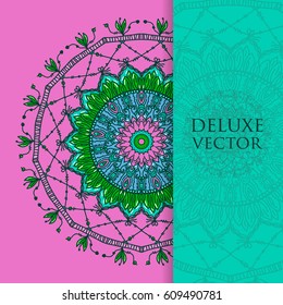 Square invite template. Vector invitation with mandala design element. Round flower ornament. Decorative vintage print. Luxury floral weave pattern.